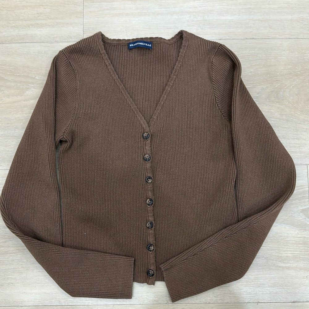 Brandy Melville Button-Up V-Neck Ribbed Brown Cardigan Sweater